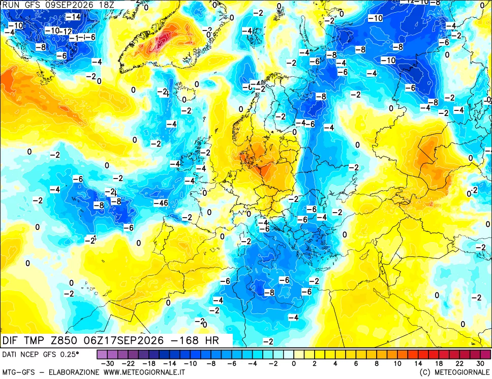 mappa Dif. Temp a 850 hPa Valid - Init