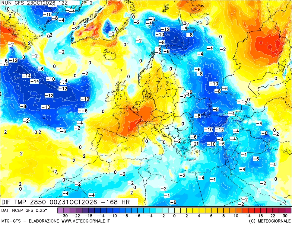 mappa Dif. Temp a 850 hPa Valid - Init