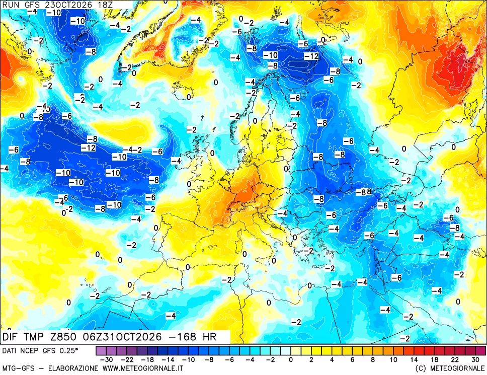 mappa Dif. Temp a 850 hPa Valid - Init