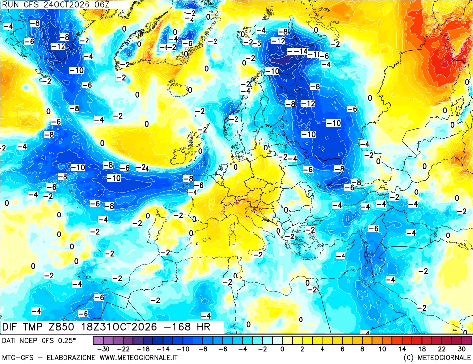 mappa Dif. Temp a 850 hPa Valid - Init
