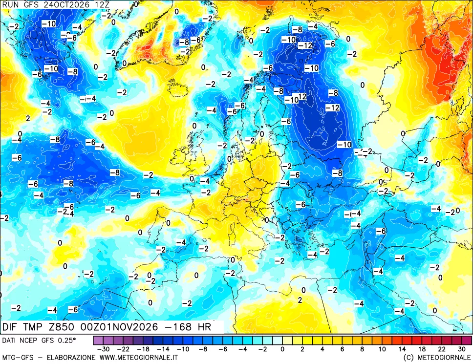 mappa Dif. Temp a 850 hPa Valid - Init