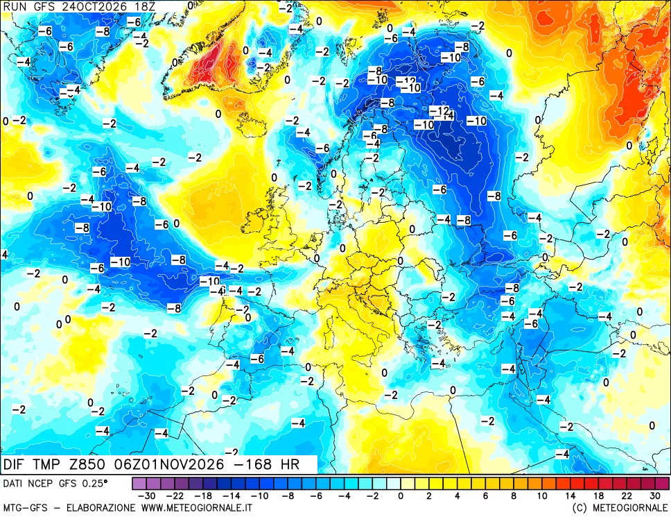 mappa Dif. Temp a 850 hPa Valid - Init