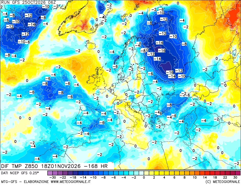 mappa Dif. Temp a 850 hPa Valid - Init
