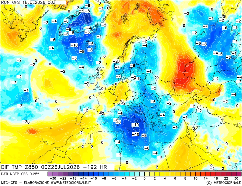 mappa Dif. Temp a 850 hPa Valid - Init