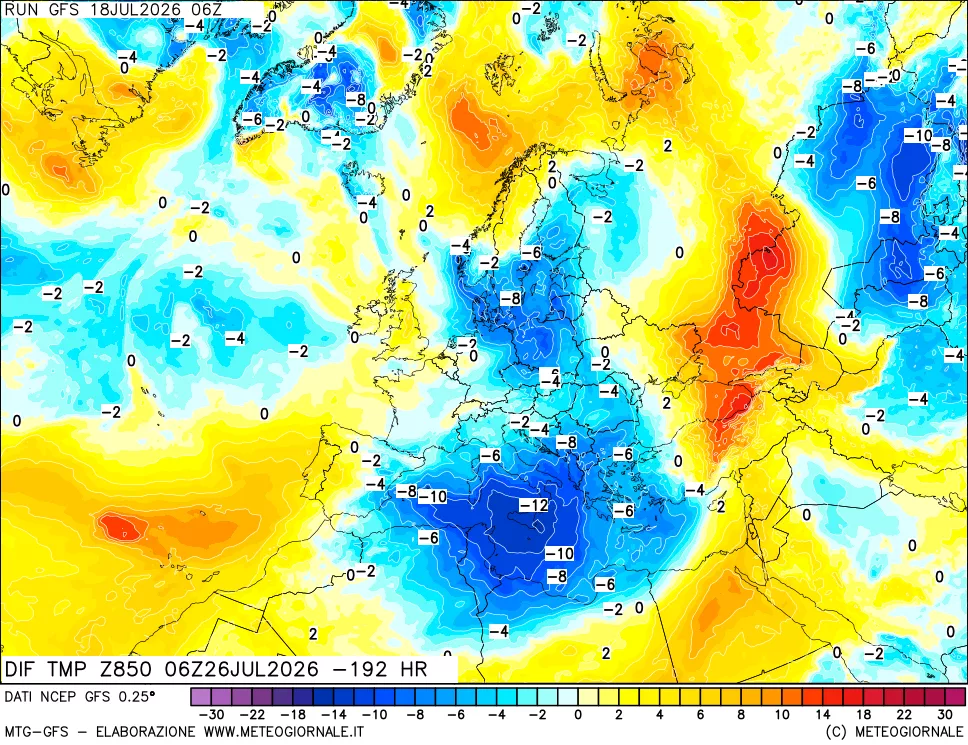 mappa Dif. Temp a 850 hPa Valid - Init