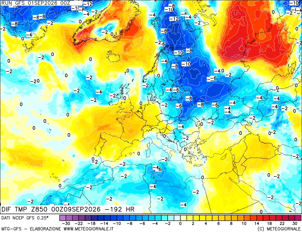 mappa Dif. Temp a 850 hPa Valid - Init