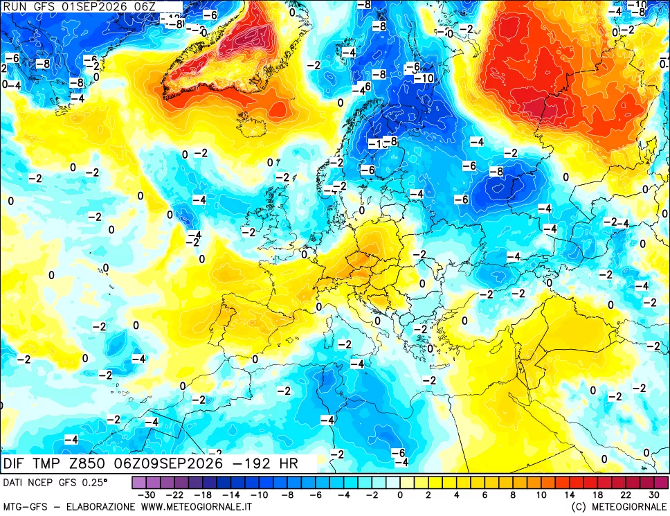 mappa Dif. Temp a 850 hPa Valid - Init