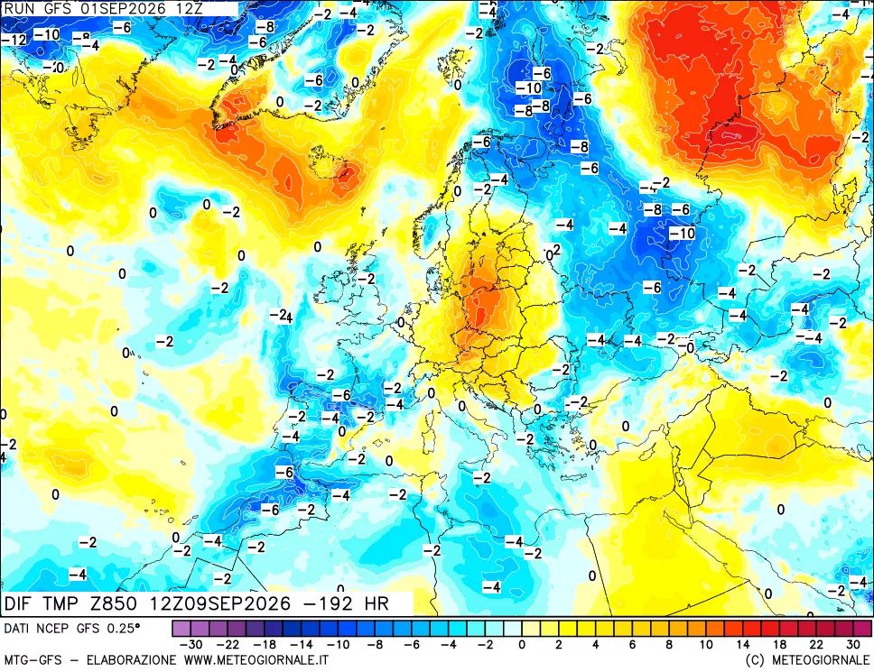 mappa Dif. Temp a 850 hPa Valid - Init