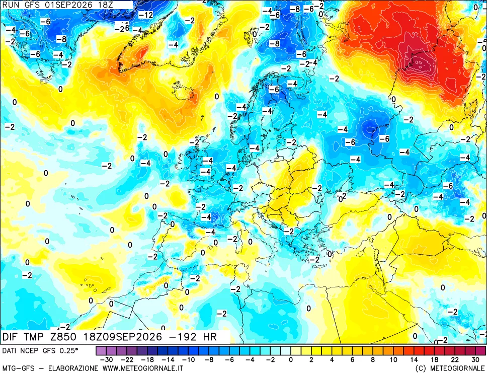 mappa Dif. Temp a 850 hPa Valid - Init