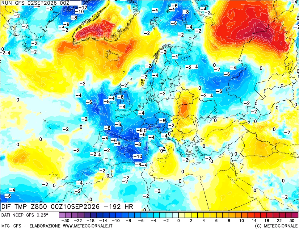 mappa Dif. Temp a 850 hPa Valid - Init
