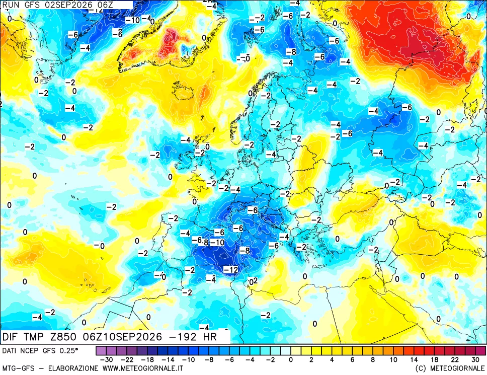 mappa Dif. Temp a 850 hPa Valid - Init