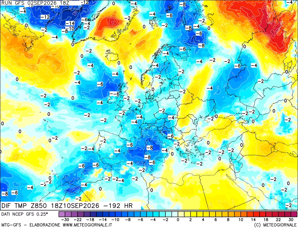 mappa Dif. Temp a 850 hPa Valid - Init