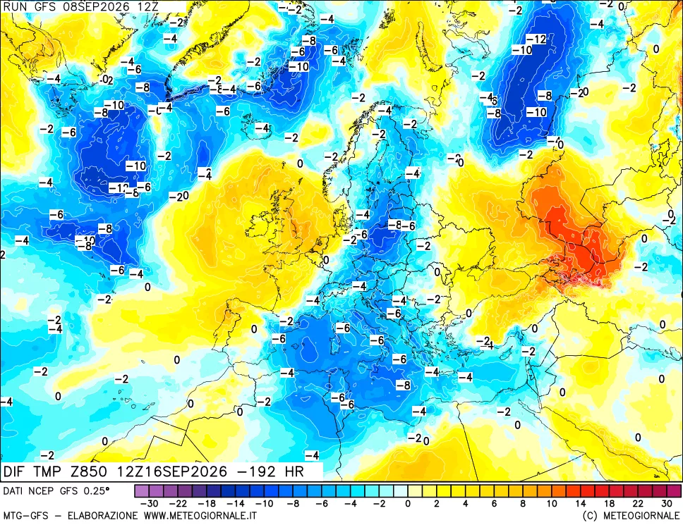 mappa Dif. Temp a 850 hPa Valid - Init