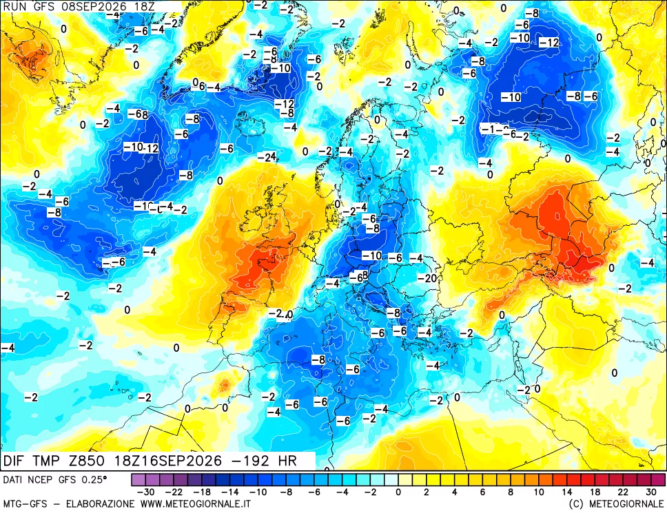 mappa Dif. Temp a 850 hPa Valid - Init