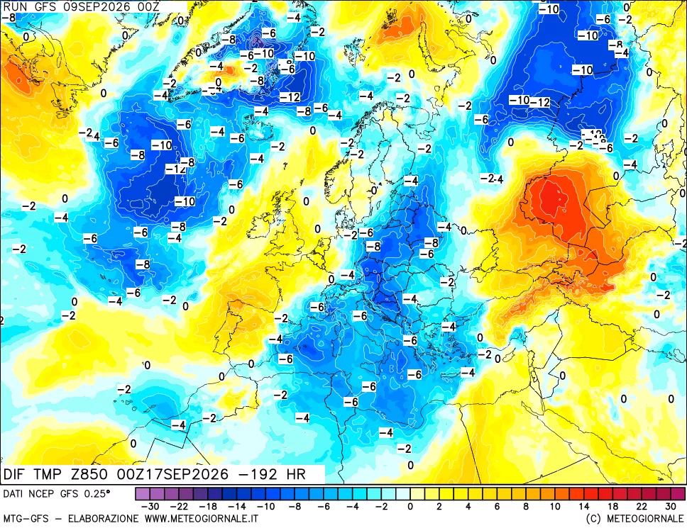 mappa Dif. Temp a 850 hPa Valid - Init