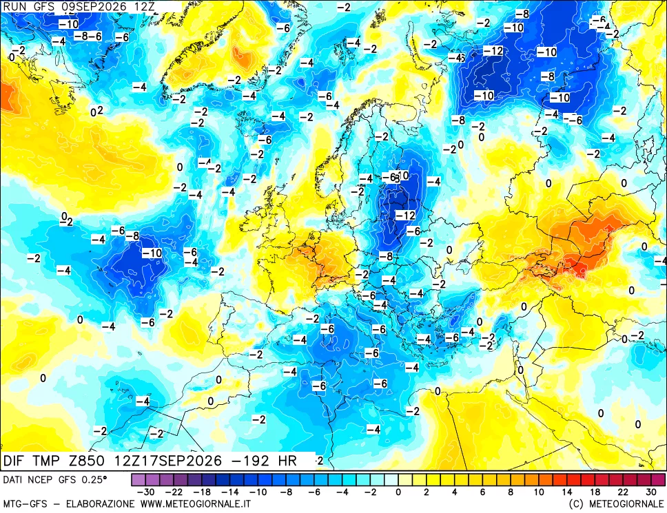 mappa Dif. Temp a 850 hPa Valid - Init