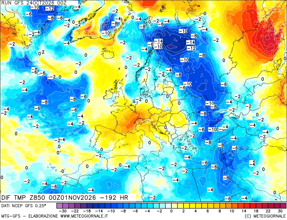 mappa Dif. Temp a 850 hPa Valid - Init
