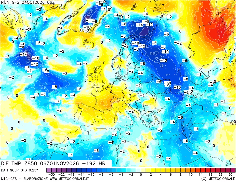 mappa Dif. Temp a 850 hPa Valid - Init