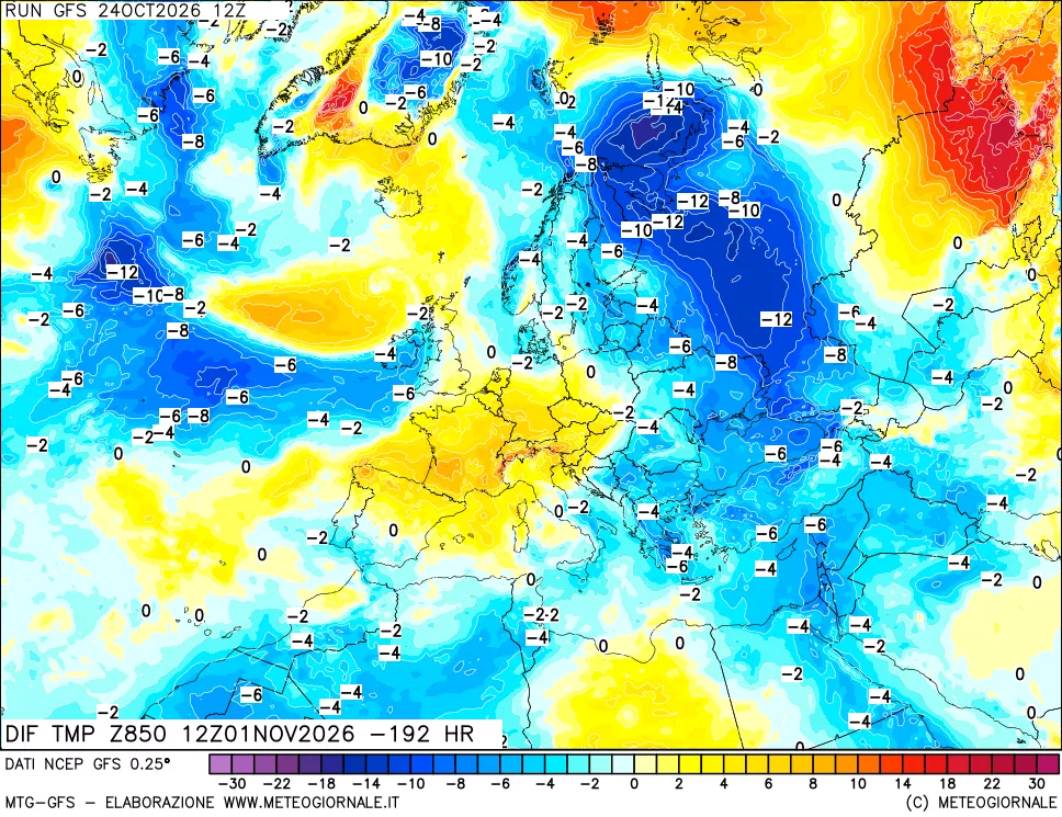 mappa Dif. Temp a 850 hPa Valid - Init