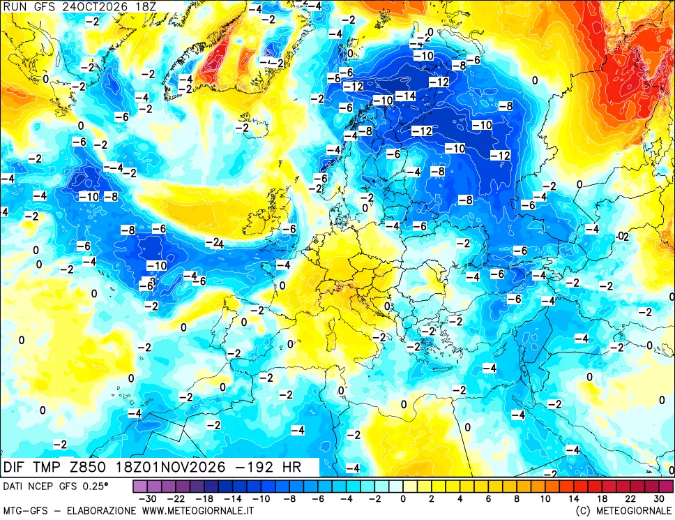 mappa Dif. Temp a 850 hPa Valid - Init