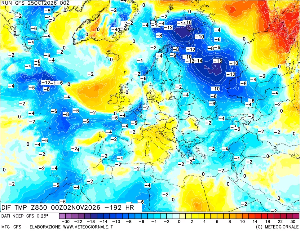 mappa Dif. Temp a 850 hPa Valid - Init