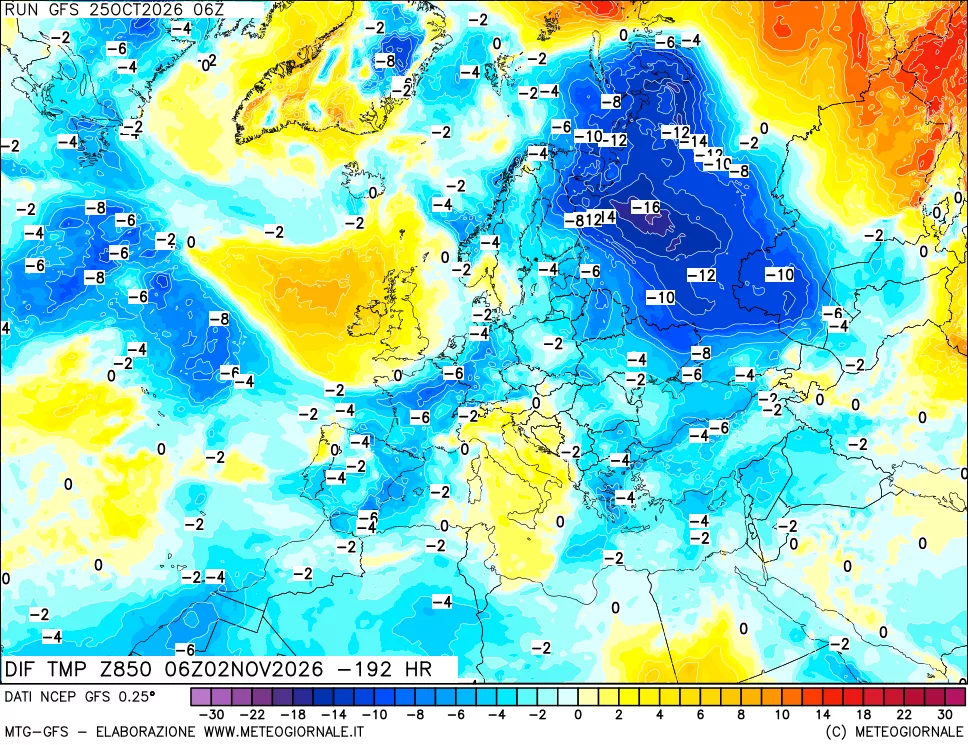 mappa Dif. Temp a 850 hPa Valid - Init