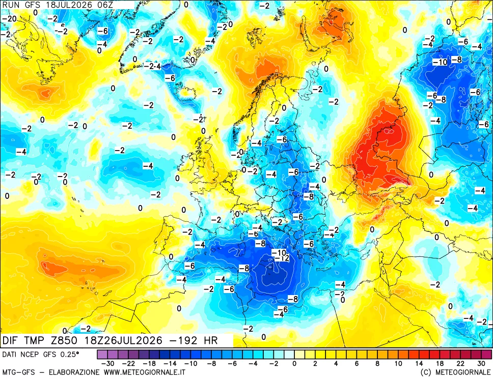 mappa Dif. Temp a 850 hPa Valid - Init