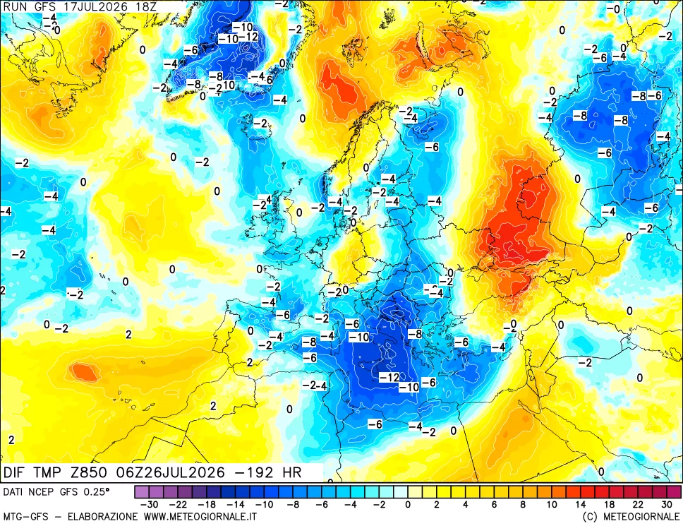 mappa Dif. Temp a 850 hPa Valid - Init