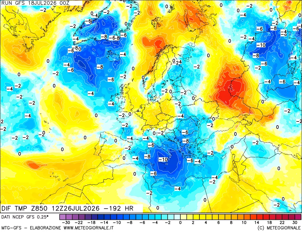 mappa Dif. Temp a 850 hPa Valid - Init