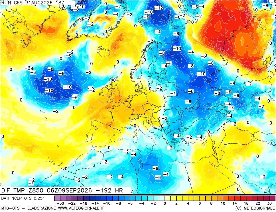 mappa Dif. Temp a 850 hPa Valid - Init
