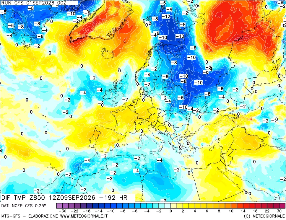 mappa Dif. Temp a 850 hPa Valid - Init
