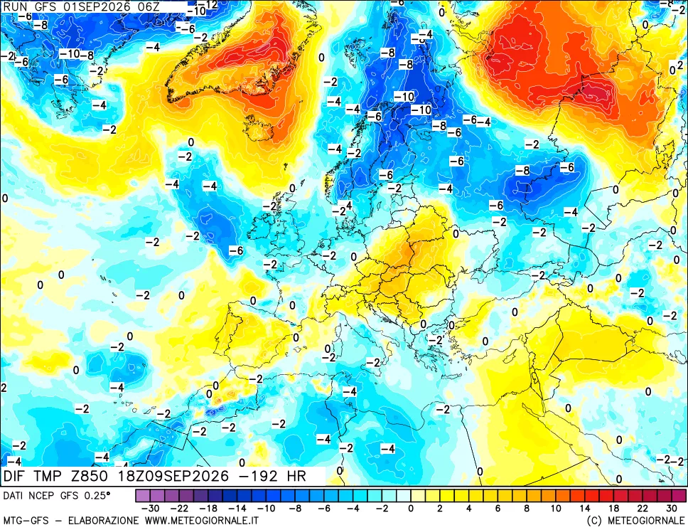 mappa Dif. Temp a 850 hPa Valid - Init