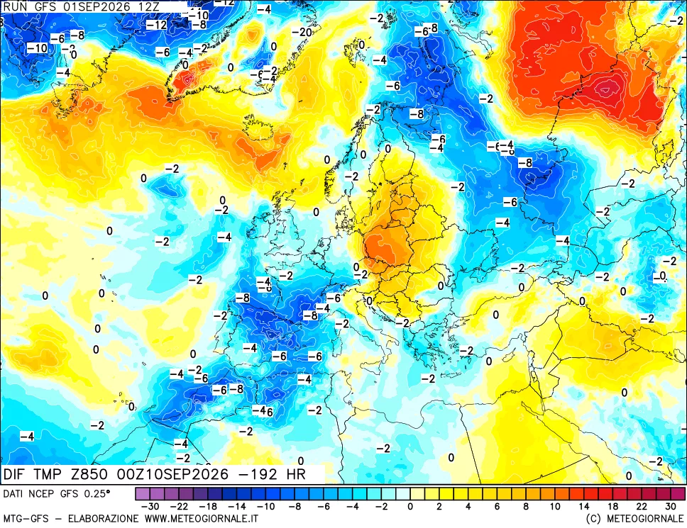 mappa Dif. Temp a 850 hPa Valid - Init