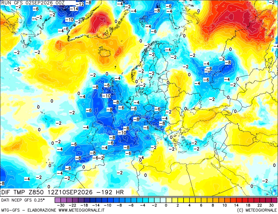 mappa Dif. Temp a 850 hPa Valid - Init