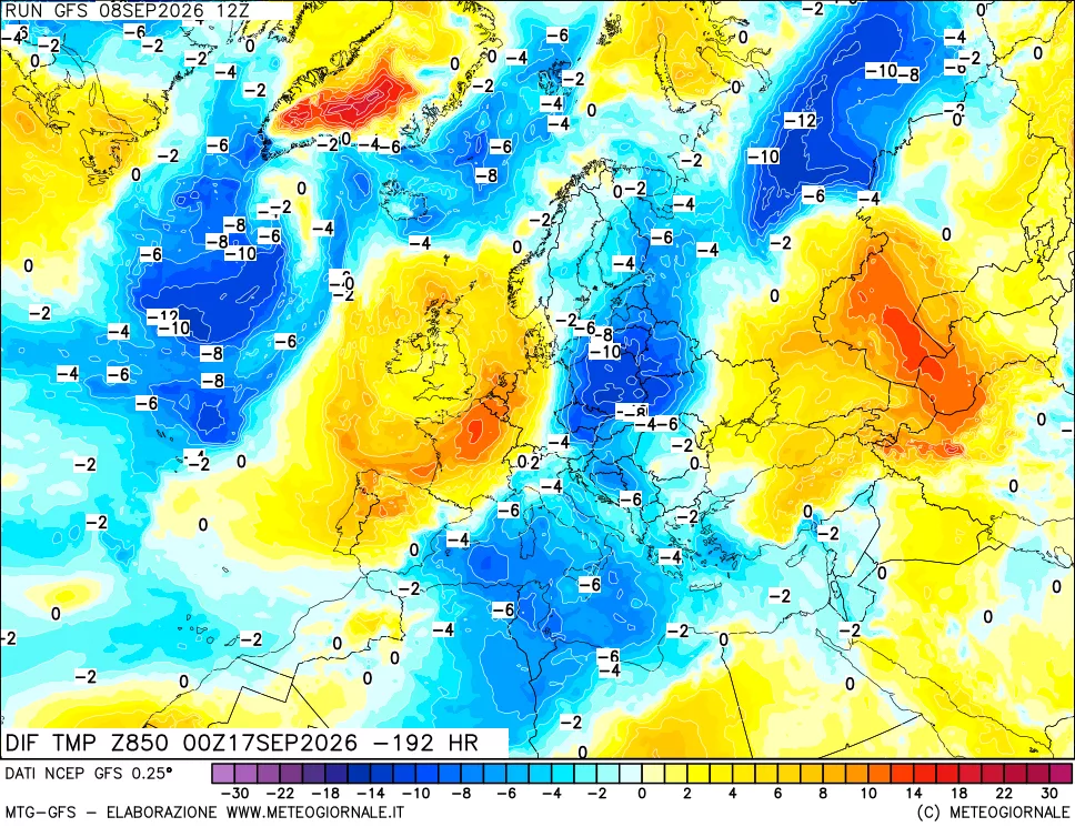 mappa Dif. Temp a 850 hPa Valid - Init