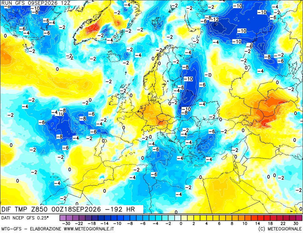mappa Dif. Temp a 850 hPa Valid - Init