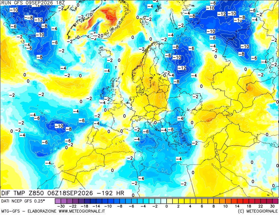 mappa Dif. Temp a 850 hPa Valid - Init