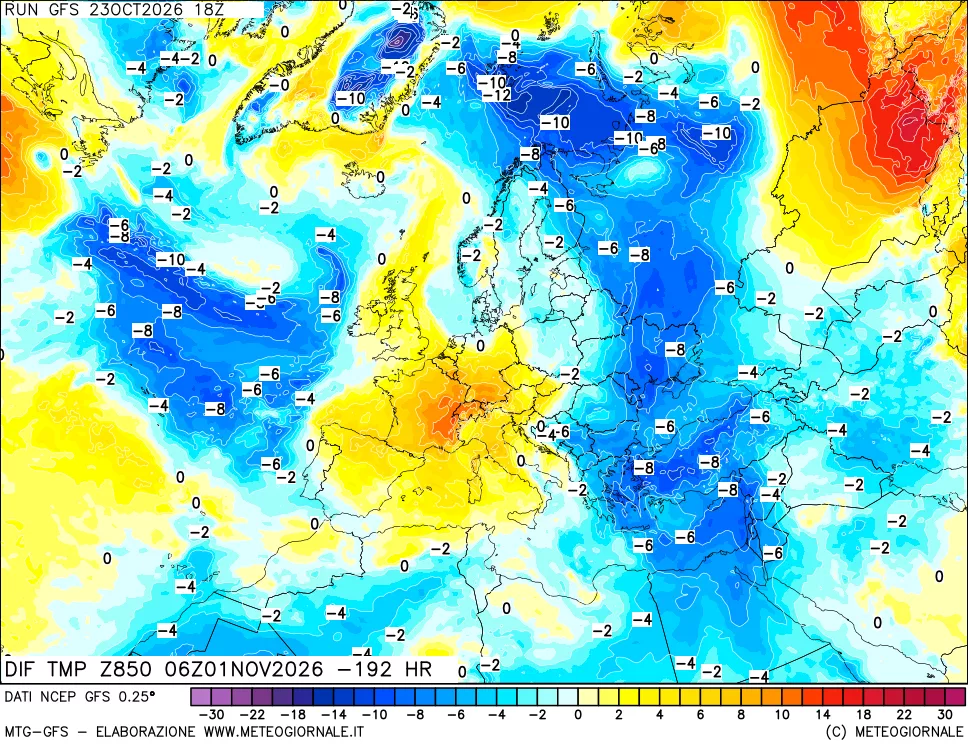 mappa Dif. Temp a 850 hPa Valid - Init