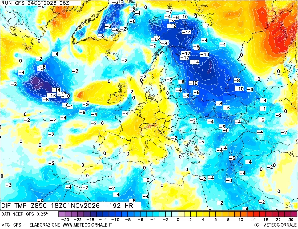 mappa Dif. Temp a 850 hPa Valid - Init
