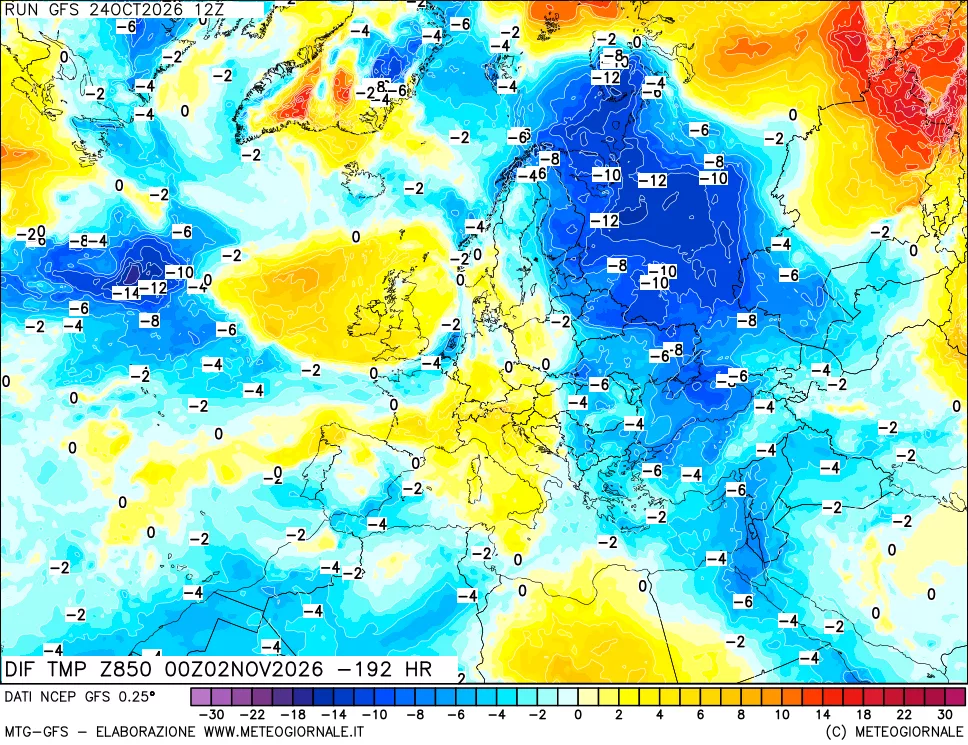 mappa Dif. Temp a 850 hPa Valid - Init