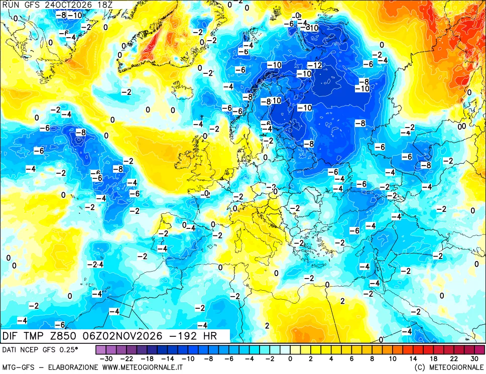 mappa Dif. Temp a 850 hPa Valid - Init