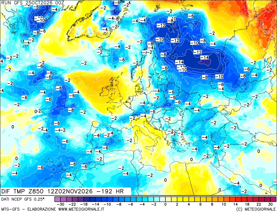 mappa Dif. Temp a 850 hPa Valid - Init
