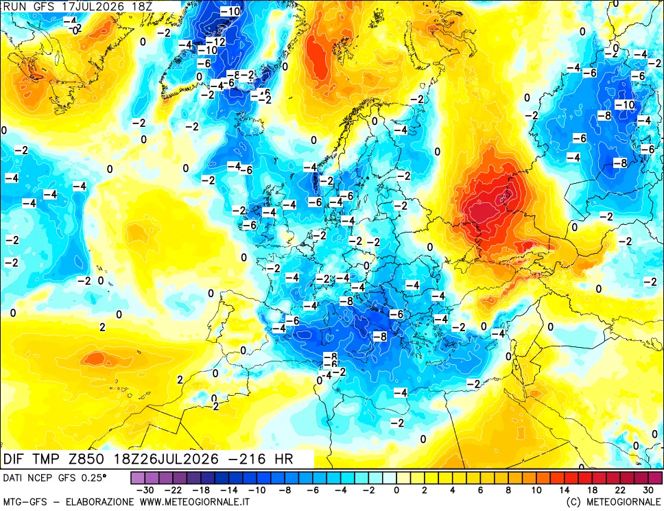 mappa Dif. Temp a 850 hPa Valid - Init