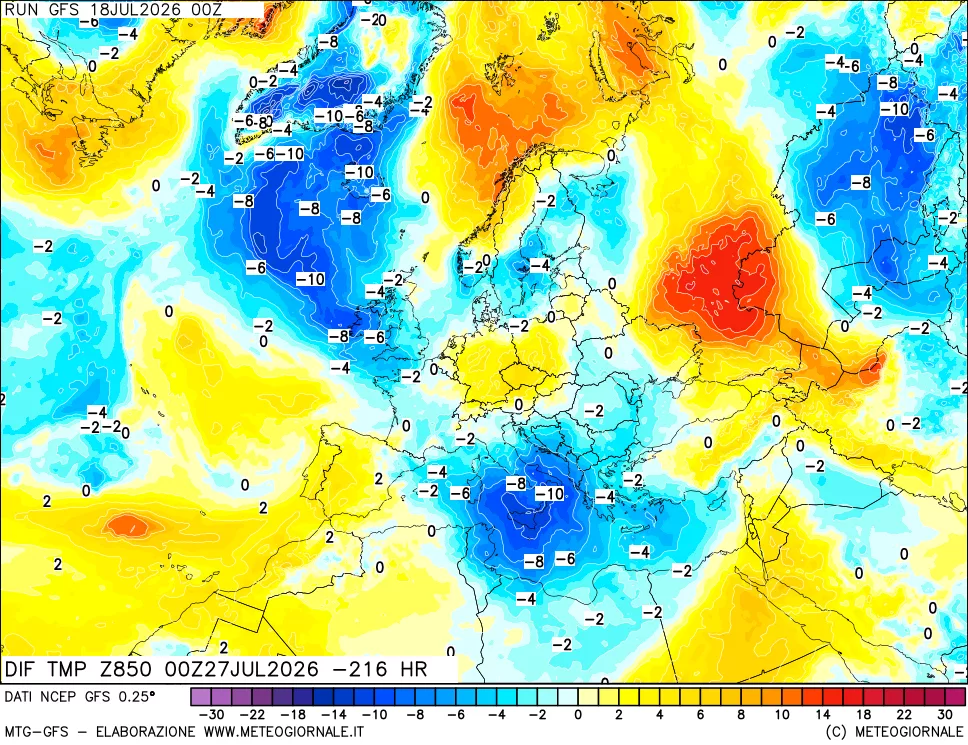 mappa Dif. Temp a 850 hPa Valid - Init