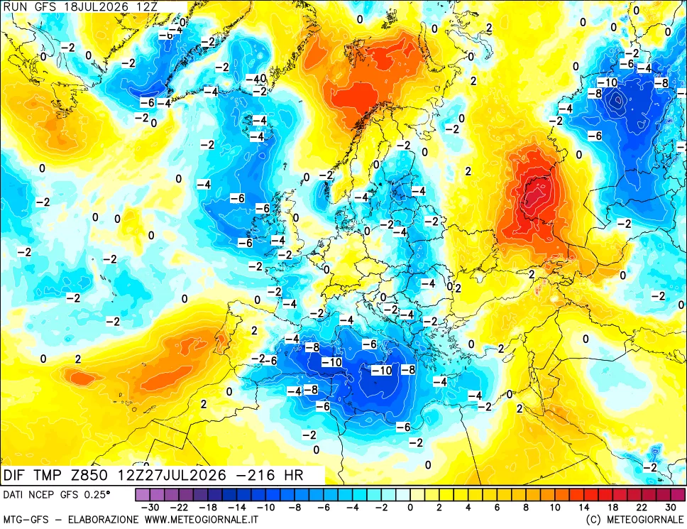 mappa Dif. Temp a 850 hPa Valid - Init