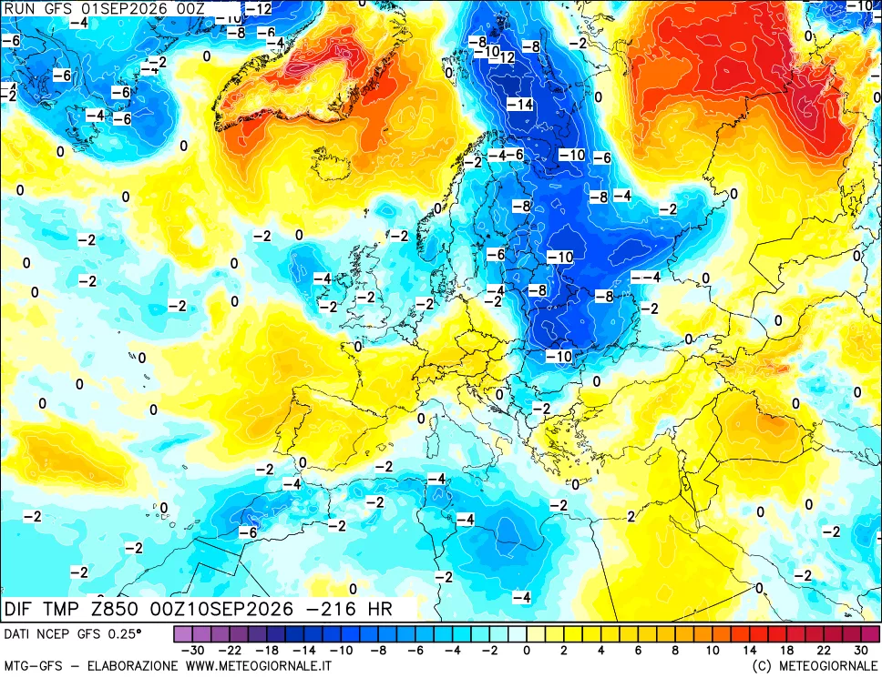 mappa Dif. Temp a 850 hPa Valid - Init