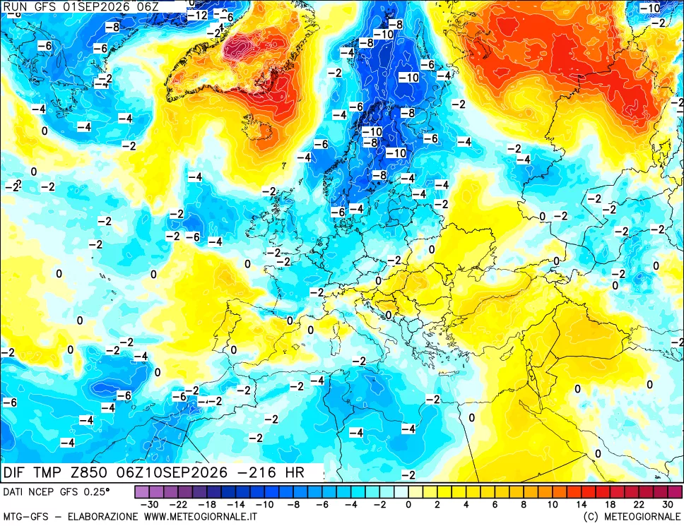 mappa Dif. Temp a 850 hPa Valid - Init