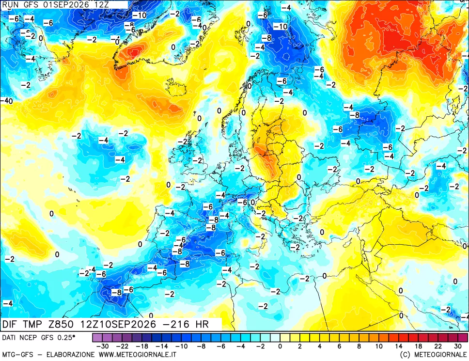 mappa Dif. Temp a 850 hPa Valid - Init