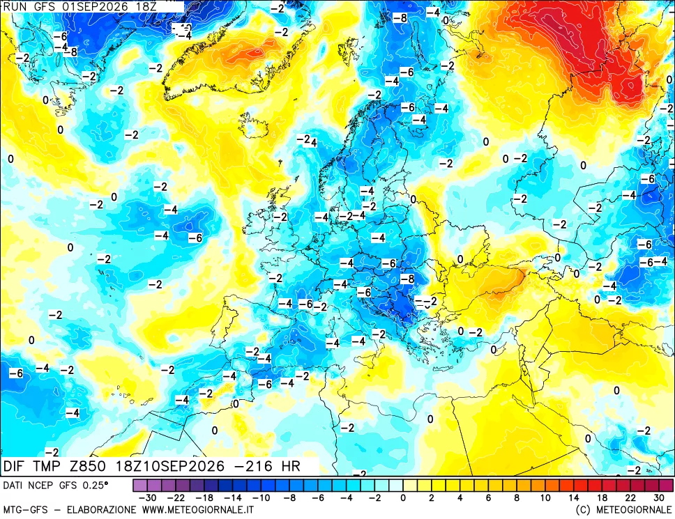 mappa Dif. Temp a 850 hPa Valid - Init