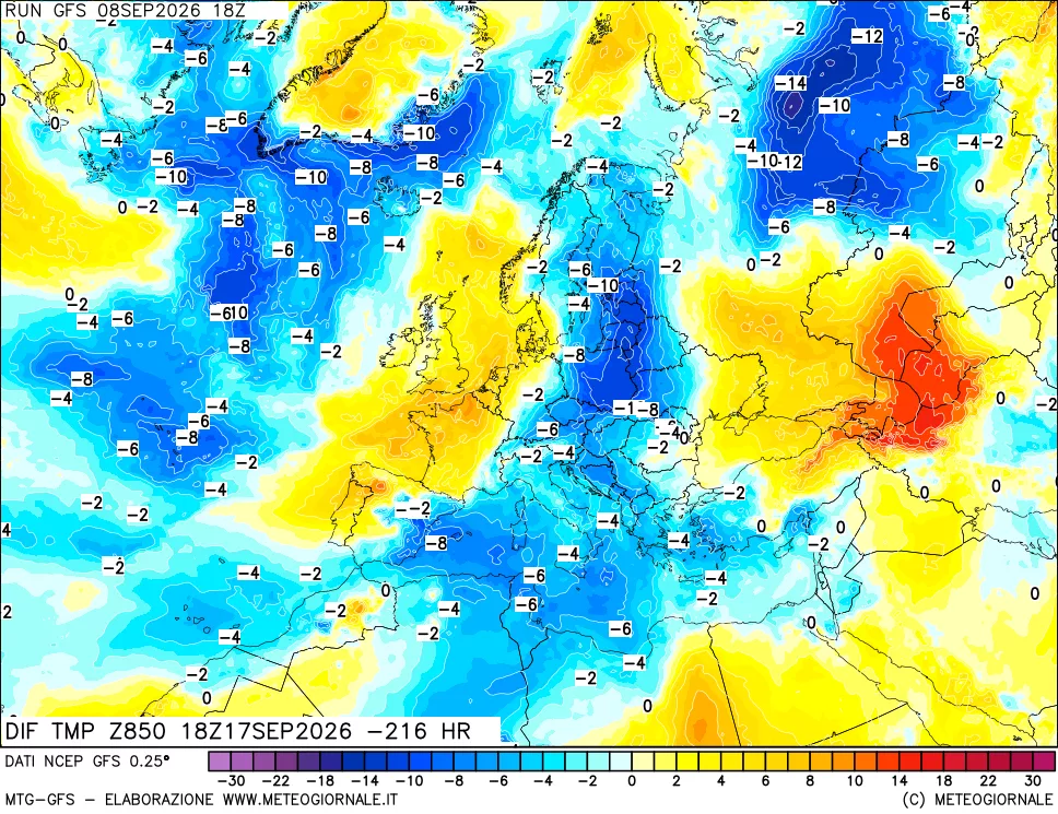 mappa Dif. Temp a 850 hPa Valid - Init